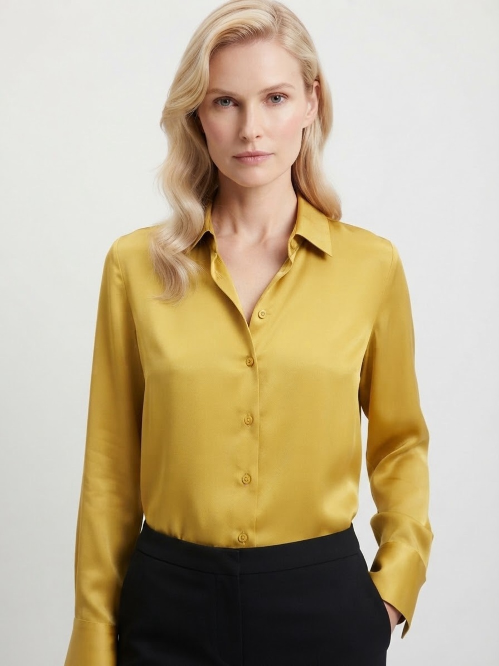 cupcakes & cashmere Satin Button-Front Blouse in Mustard